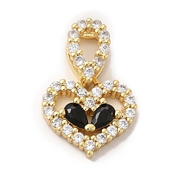 Black Rack Plating Brass Micro Pave Cubic Zirconia Charms, Long-Lasting Plated, Cadmium Free & Lead Free, Real 18K Gold Plated, Heart, Black, 14x15x3.5mm, Hole: 5.5x3mm