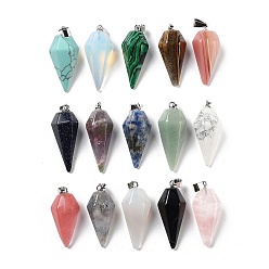 Mixed Stone Natural & Synthetic Mixed Gemstone Pointed Pendants, Faceted Diamond Charms with Platinum Plated Iron Snap on Bails, 30.5~36x15.5x13mm, Hole: 6x3mm