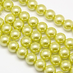 Yellow Green Eco-Friendly Dyed Glass Pearl Round Beads Strands, Grade A, Cotton Cord Threaded, Green Yellow, 14mm, Hole: 0.7~1.1mm, about 30pcs/strand, 15 inch