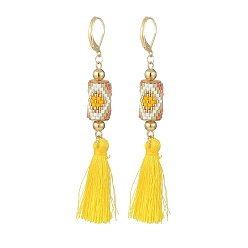Yellow Glass Seed Braided Column with Tassel Dangle Leverback Earrings, 304 Stainless Steel Jewelry for Women, Yellow, 81.5mm, Pin: 0.8x0.6mm