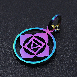 Muladhara Chakra Theme Ion Plating(IP) 201 Stainless Steel Charms, Laser Cut Pendants, with Jump Rings, Flat Round, Rainbow Color, Muladhara, 13.5x11.5x1mm, Hole: 3mm