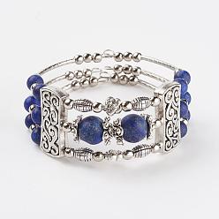 Lapis Lazuli Three Loops Tibetan Style Alloy Wrap Bracelets, with Natural Lapis Lazuli(Dyed & Heated) Beads, 2 inch(50mm)