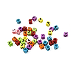 Letter A Непрозрачные разноцветные акриловые бусины, куб с черной буквой, буква a, 6x6x6 мм, отверстие : 3.5 мм, Около 3000 шт / 1000 г