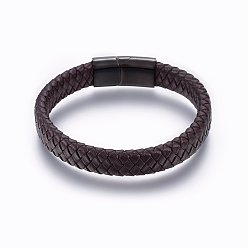 Brun De Noix De Coco Cuir bracelets de corde tressée, 304 fermoir magnétique en acier inoxydable, rectangle, gris anthracite, brun coco, 8-5/8 pouce (22 cm), 12x6mm