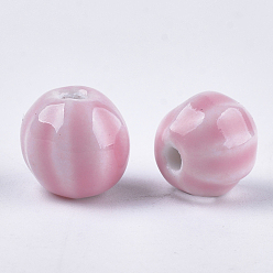 Pink Handmade Porcelain Beads, Bright Glazed Porcelain, Round, Pink, 11~12x10~11x10~10.5mm, Hole: 2~2.5mm