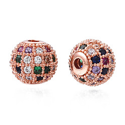 Rose Gold Rack Plating Brass Cubic Zirconia Beads, Long-Lasting Plated, Round, Rose Gold, 8.5x7.5mm, Hole: 1.6mm