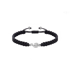 Black Musical Note Link Bracelet, Cloth Woven Cord Braided Adjustable Bracelet, Black, 6-3/4~11 inch(17~28cm)