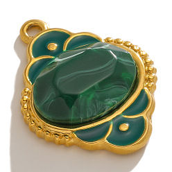 Green Stainless Steel Pendants, with Enamel and Resin, Golden, Flower Charm, Green, 24x19mm, Hole: 1.9mm