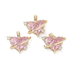 Real 18K Gold Plated Valentine's Day Heart Charms Rack Plating Brass Micro Pave Pearl Pink Cubic Zirconia Charms, Long-Lasting Plated, Cadmium Free & Lead Free, Real 18K Gold Plated, 14.5x19.5x7.5mm, Hole: 2.5x4.5mm