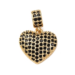 Черный Латунное микропейв с кубическим цирконием европейские подвески с подвесками, Сердцевые серьги с отверстиями, реальный 18 k позолоченный, стойки покрытие, долговечный, без свинца и без кадмия, чёрные, 21 мм, отверстие : 4 мм