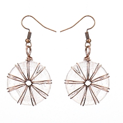 Quartz Crystal Natural Quartz Crystal Donut/Pi Disc Dangle Earrings, Red Copper Alloy Wire Wrap Earrings, 25mm