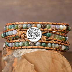 (RRHB277) Кристалл на подкладке из медово-бежевого цвета Браслеты из натурального индийского агата, Браслеты из вощеного шнура для женщин и мужчин, с плоской круглой пряжкой из сплава с изображением древа жизни., 20.87 дюйм (53 см)