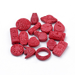 Rouge Perles de cinabre, sculpté en laque, formes mixtes, rouge, 15~40x10~30x6~15mm, trou: 1~3 mm, environ 42 PCs / sachet 