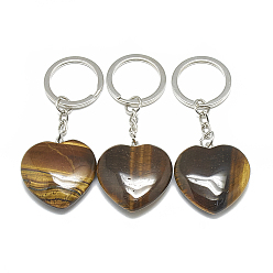 Tiger Eye Natural Tiger Eye Keychain, with Iron Findings, Heart, Platinum, 73~76mm