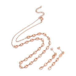 Rose Gold Vacuum Plating 304 Stainless Steel Coffee Bean Link Chains Dangle Stud Earrings and Necklace for Women, Rose Gold, 14.57 inch(37cm), 47mm, 0.8mm