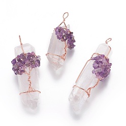 Amethyst Natural Quartz Crystal Big Pendants, with Amethyst Chips and Brass Findings, Nuggets, Rose Gold, 58~105x22~35mm, Hole: 5~12mm