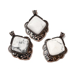 Говлит Подвески из натурального говлита с ромбами, с винтажной латунной рамкой красного медного оттенка, 40~40.5x29~29.5x7.5 мм, отверстие : 5x3.5 мм