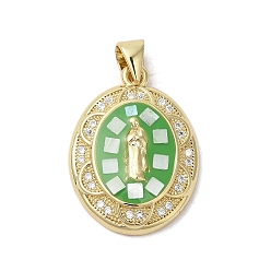Green Oval with Virgin Mary Brass Micro Pave Clear Cubic Zirconia Pendants, with Enamel & Shell, Long-Lasting Plated, Lead Free & Cadmium Free, Real 18K Gold Plated, Green, 22x16x4mm, Hole: 5x3.5mm