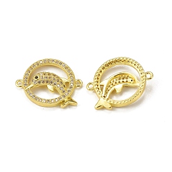 Golden Brass Micro Pave Clear Cubic Zirconia Connector Charms, Ring with Dolphin Links, Golden, 17x21x4mm, Hole: 1.2mm