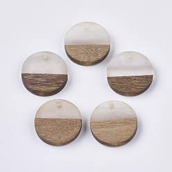 WhiteSmoke Resin & Walnut Wood Pendants, Flat Round, WhiteSmoke, 18x3.5mm, Hole: 1.5mm