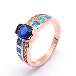 Rose Gold Cubic Zirconia Finger Rings, with Synthetic Opal and Brass Findings, Long-Lasting Plated, Oval, Size 7, Blue, Rose Gold, 17.5mm