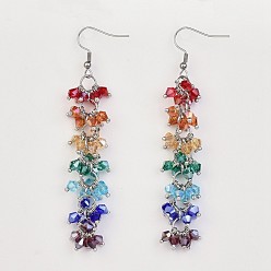 Stainless Steel Color Chakra Jewelry, Glass Beads Dangle Earrings, with 304 Stainless Steel Earring Hooks and Brass Findings, Cardboard Box, Stainless Steel Color, 85mm, Pin: 0.7mm