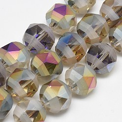 Gray Electroplate Glass Beads Strands, Rainbow Plated, Frosted, Faceted, Round, Gray, 9~10x9~10mm, Hole: 2mm, about 72pcs/strand, 25.98 inch