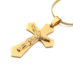 Golden 304 Stainless Steel Cross with Jesus Pendant Necklaces, Snake Chains Necklaces for Women, Golden, 16.57~16.73 inch(42.1~42.5cm)