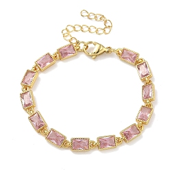 Бледно-Розовый Прямоугольные латунные браслеты-цепочки с инкрустацией кубическим цирконием для женщин, стойки покрытие, без кадмия и без свинца, долговечный, золотые, розовый жемчуг, 5.71 дюйм (14.5 см)