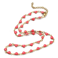 Light Coral Ion Plating(IP) Golden 304 Stainless Steel Heart Link Chain Necklaces, with Enamel, Light Coral, 17.72~17.91 inch(45~45.5cm)