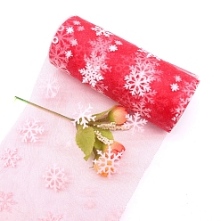 Red 10 Yards Christmas Polyester Deco Mesh Ribbon, Printed Snowflake Tulle Fabric, for Bowknot Making, Red, 150mm