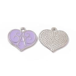 Lilac Alloy Enamel Pendants, Heart with Letter A Charm, Platinum, Lilac, 17x18x1mm, Hole: 1.8mm