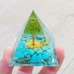 Synthetic Turquoise Orgonite Pyramid Resin Energy Generators, Reiki Synthetic Turquoise & Natural Peridot Chips Tree of Life for Home Office Desk Decoration, 50mm