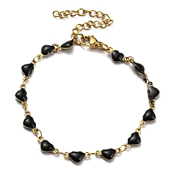 Black Golden 304 Stainless Steel Heart Link Chain Bracelet with Enamel, Black, 6-7/8 inch(17.5cm)