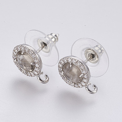 Dark Gray Faceted Glass Stud Earring Findings, with Loop, Brass Micro Pave Cubic Zirconia Findings, Flat Round, Platinum, Dark Gray, 12x9x4mm, Hole: 1.2mm, Pin: 0.8mm