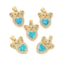 Real 18K Gold Plated Rack Plating Brass Micro Pave Cubic Zirconia with Synthetic Opal Pendants, with Jump Ring, Lead Free & Cadmium Free, Long-Lasting Plated, Heart, Real 18K Gold Plated, 17x14x2.6mm, Hole: 5x3.5mm