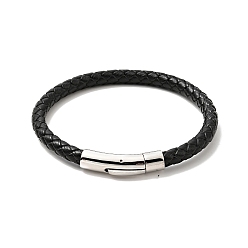 Stainless Steel Color Leather Braided Cord Bracelet with 304 Stainless Steel Clasp for Men Women, Black, Stainless Steel Color, 8-1/2 inch(21.5cm)