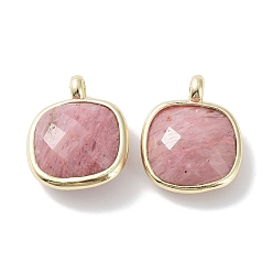Rhodonite Natural Rhodonite Pendants, Faceted Square Charms, with Golden Plated Brass Edge Loops, 16.5x13x6mm, Hole: 2.2mm