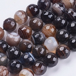 Coconut Brown Natural Striped Agate/Banded Agate Beads Strands, Round, Faceted, Dyed, Coconut Brown, 6mm, Hole: 1mm, about 62pcs/strand, 14.5 inch(37cm)