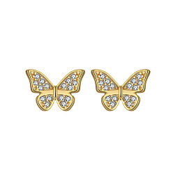 Real 14K Gold Plated Butterfly 925 Sterling Silver Cubic Zirconia Stud Earrings for Women, with S925 Stamp, Real 14K Gold Plated, 7.5x10x12.5mm