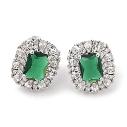 Зеленый Прямоугольные серьги-гвоздики с паве из кубического циркония из латуни для женщин, платина, зелёные, 15x13 мм