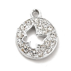 Crystal Alloy Rhinestone Pendants, Platinum Tone Hollow Out Flat Round with Butterfly Charms, Crystal, 19x15x3mm, Hole: 2mm