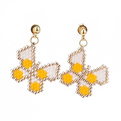 Golden Glass Seed Braided Beaded Butterfly Dangle Stud Earrings, 304 Stainless Steel Jewelry for Women, Golden, 28mm, Pin: 0.7mm