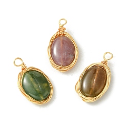 Indian Agate Natural Indian Agate Copper Wire Wrapped Pendants, Oval Charms, Light Gold, 21~23x12~12.5x5~6mm, Hole: 3mm