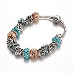 Aquamarine Alloy Rhinestone Bead European Bracelets, with Glass Beads and Brass Chain, Aquamarine, 190mm