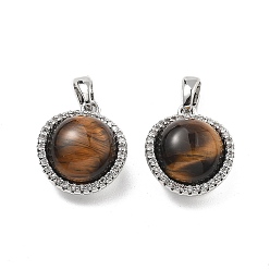 Платина Латунные подвески в виде круглых шариков из тигрового глаза, прозрачные кубические циркониевые подвески, платина, 15x13x8 мм, отверстие : 4x3 мм