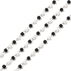 Stainless Steel Color Glass Seed Column Beaded Chains, with 304 Stainless Steel Cable Chains, Soldered, with Spool, Stainless Steel Color, 2x1.5x0.2mm, 2x1~1.5mm