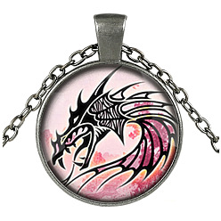 Gunmetal Pink Dragon Theme Glass Flat Round Pendant Necklace with Alloy Chains, Gunmetal, 27.56 inch(70cm)