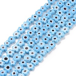 Light Sky Blue Handmade Millefiori Glass Bead Strands, Flower, Light Sky Blue, 5.5~8x2.5mm, Hole: 1mm, about 64~67pcs/strand, 15.75 inch~16.34 inch(40~41.5cm)