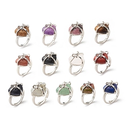 Mixed Stone Gemstone Heart with Bowknot Adjustable Ring, Platinum Plated Brass Jewelry for Women, Cadmium Free & Lead Free, Inner Diameter: 16.7~21.2mm